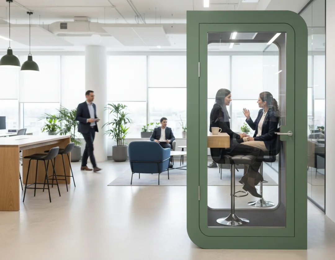 Zelená akustická kabina Solo v coworkingovém prostoru